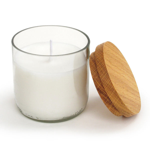 Glas mit Kerze und Deckel aus Eichenholz, transparent, Lavendelduft