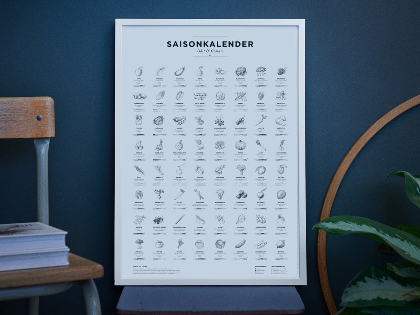 Saisonkalender A2, Schwarz-Weiß, Gerahmt