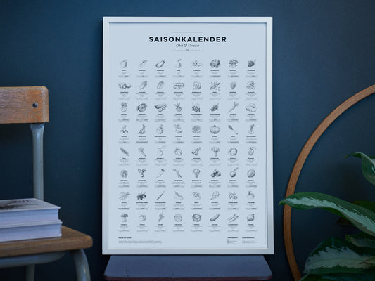 Saisonkalender A2, Schwarz-Weiß, Gerahmt